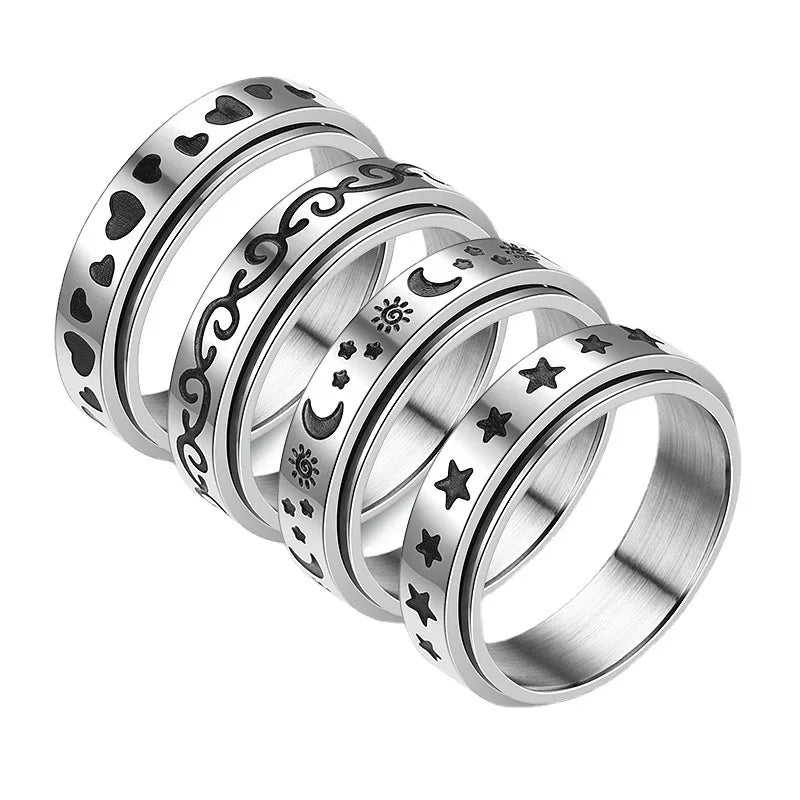 Vintage Star Stainless Steel Rotating Ring Anti Stress Man Worry Stress Relief Anxiety Relaxing Metal Rock Band Ring