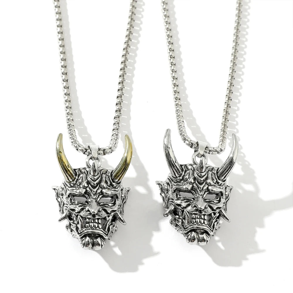 Handsome Rascal Ghost Mask Pendant Necklace Gold & Silver Color Horn Bull King Design Fashion Jewelry for Men And Women