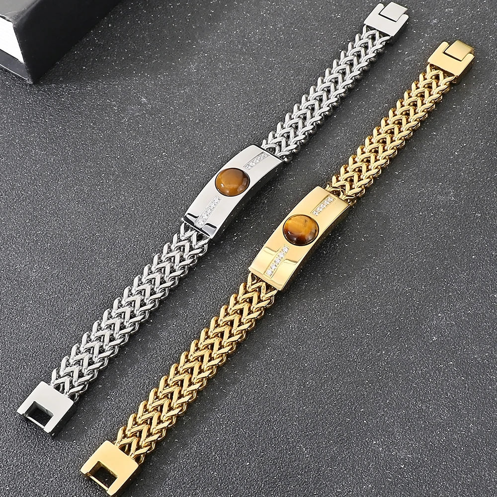 Classic Men's Bracelet With Tiger Eye Stone 12MM Width Gold Color Stainless Steel Link Chain Bracelets for Man Jewelry