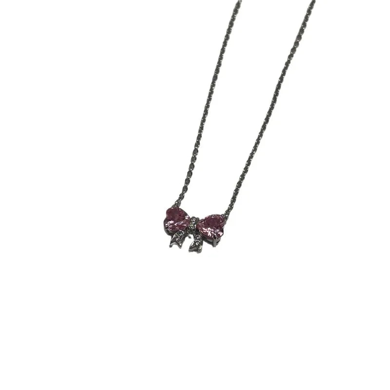 Pink Bow Zircon Clavicle Necklace — SS