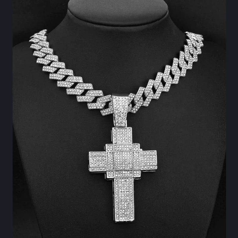 Men Women Hip Hop Big Dollar Sign Cross Pendant With 15mm Rhombus Cuban Chain Iced Out Bling Necklaces Fashion Charm Jewelry
