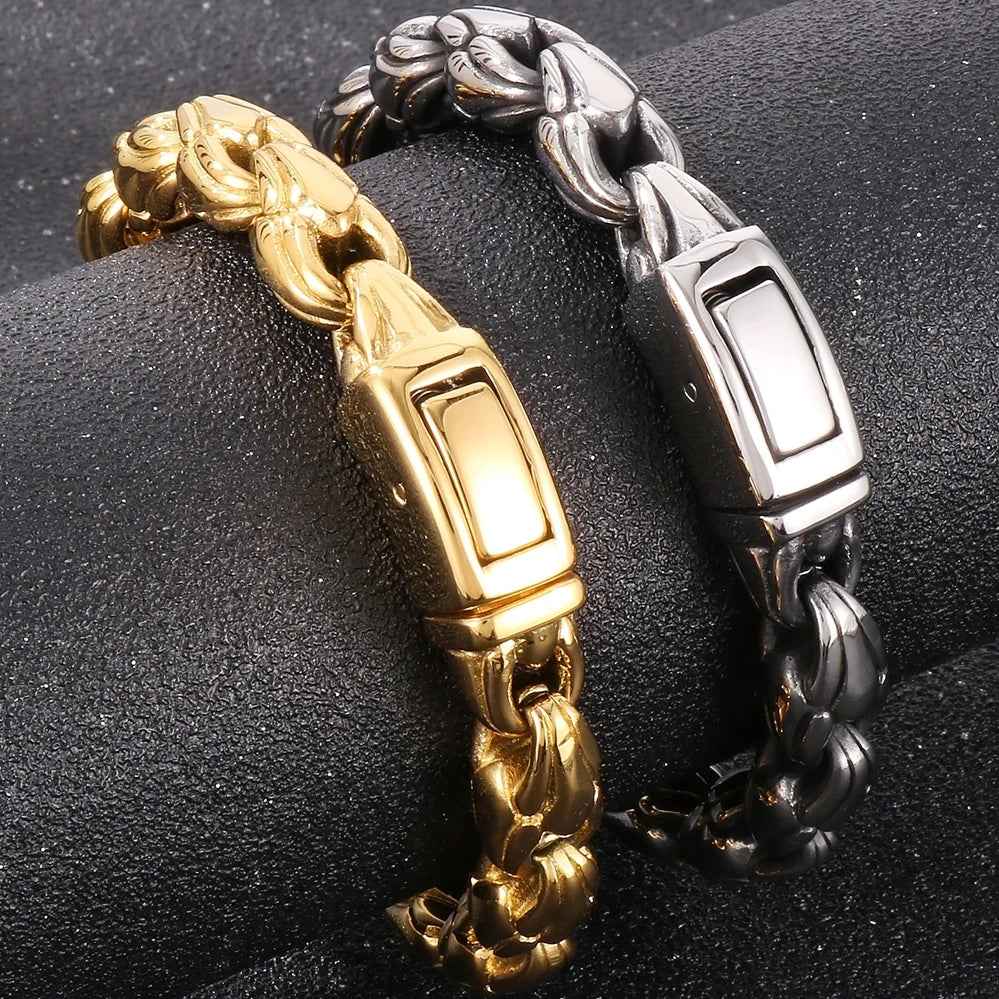10MM Width Sunflower Seeds Style Chain Man Bracelet for Men Gold Color Polished Stainless Steel Male Bracelets Wrist
