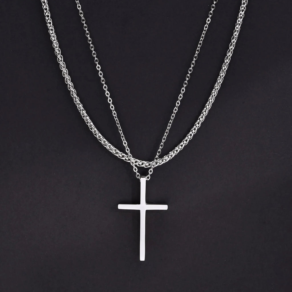Layered Cross Pendant Set — Stainless Steel