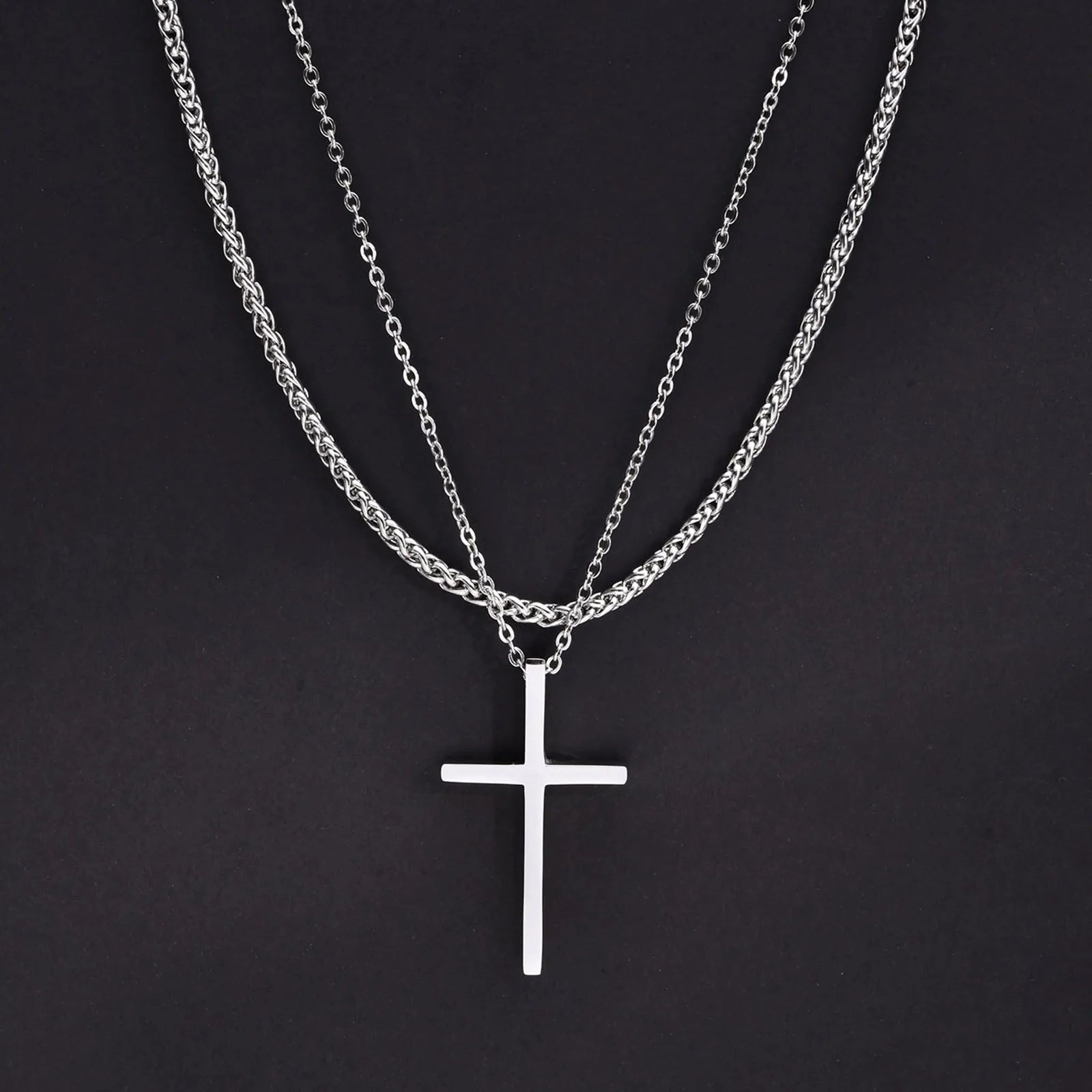 Layered Cross Pendant Set — Stainless Steel