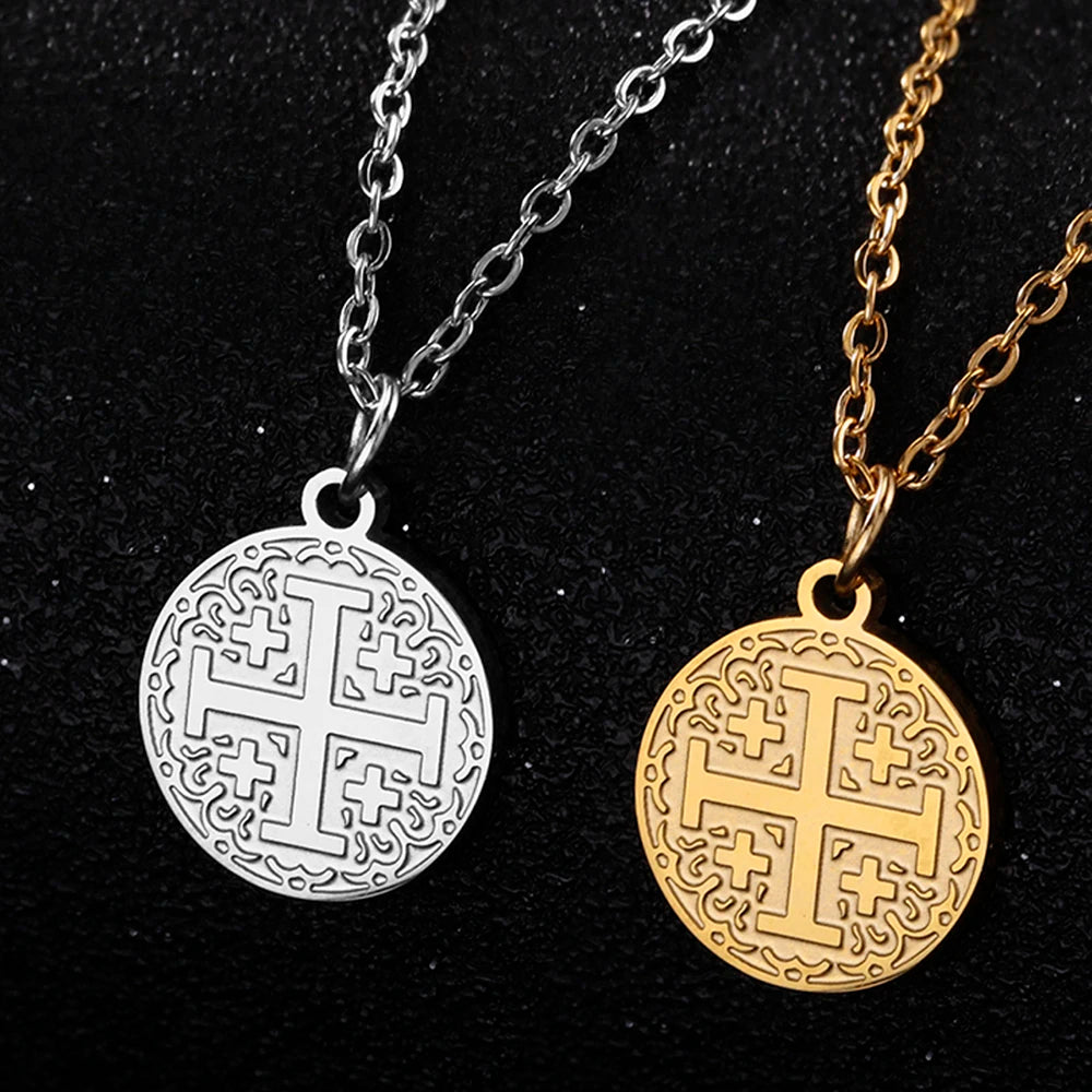 VASSAGO Religious Jerusalem Cross Charm Necklace for Women Stainless Steel Amulet Christian Catholic Vintage Jewelry