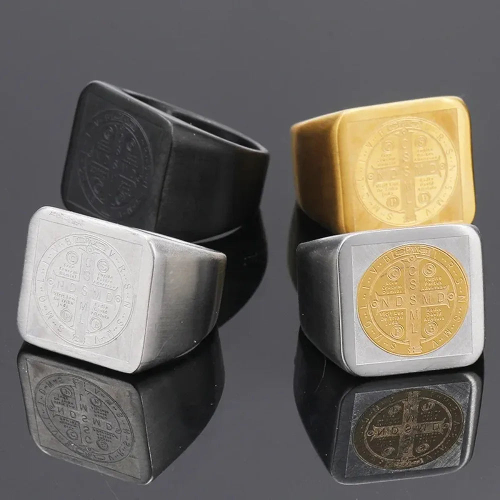 St. Benedict Exorcism Ring for Men — Geometric Square Band