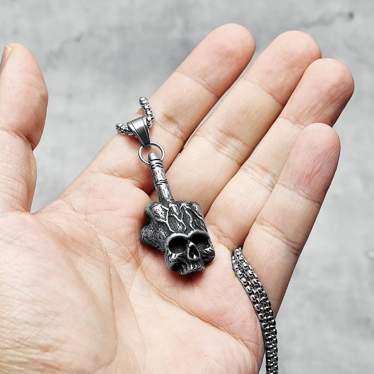 Middle Finger Skull Pendant Necklace — 316L Stainless Steel