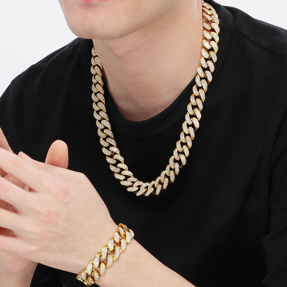 Hip Hop Heavy Cuban Link Chain Set Man Bracelet Necklace Luxury Gold Color Stainless Steel & Full CZ Men's Necklace &
