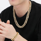 Hip Hop Heavy Cuban Link Chain Set Man Bracelet Necklace Luxury Gold Color Stainless Steel & Full CZ Men's Necklace &