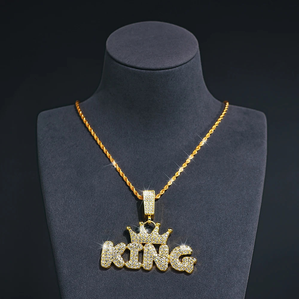 Fashion Hip Hop Crown with KING Pendant Necklace For Men Crystal Cuban Chain Iced Out Bling Hiphop Necklaces Rock Biker