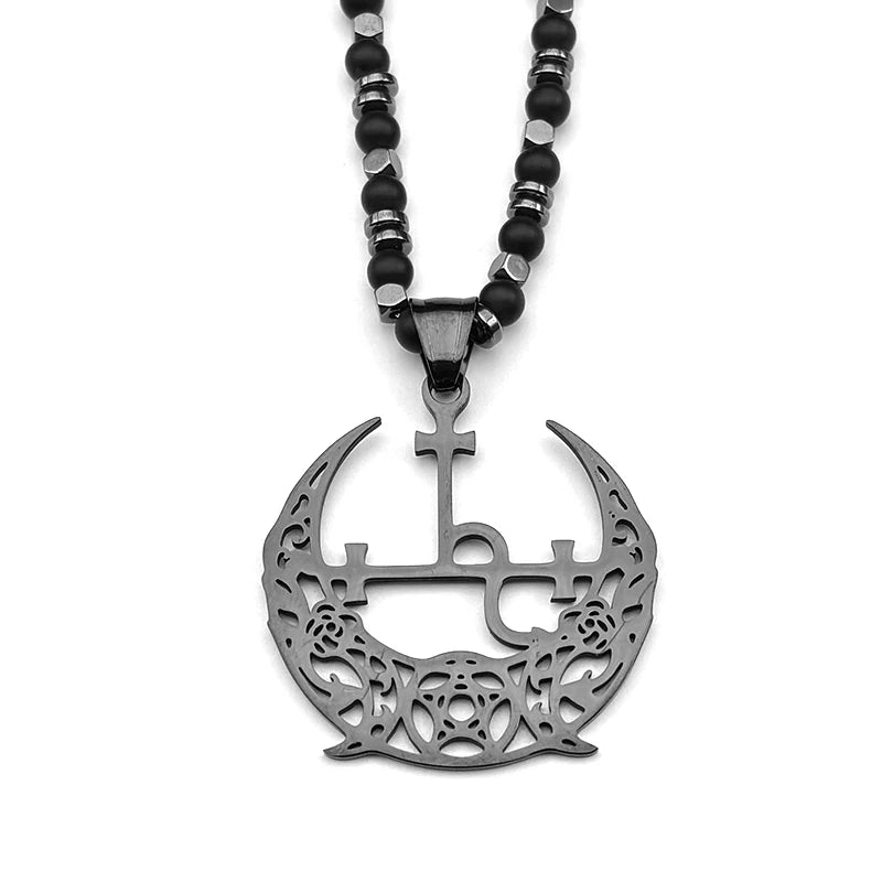 Wiccan Pentagram Triple Moon Necklace — Stainless Steel, Black