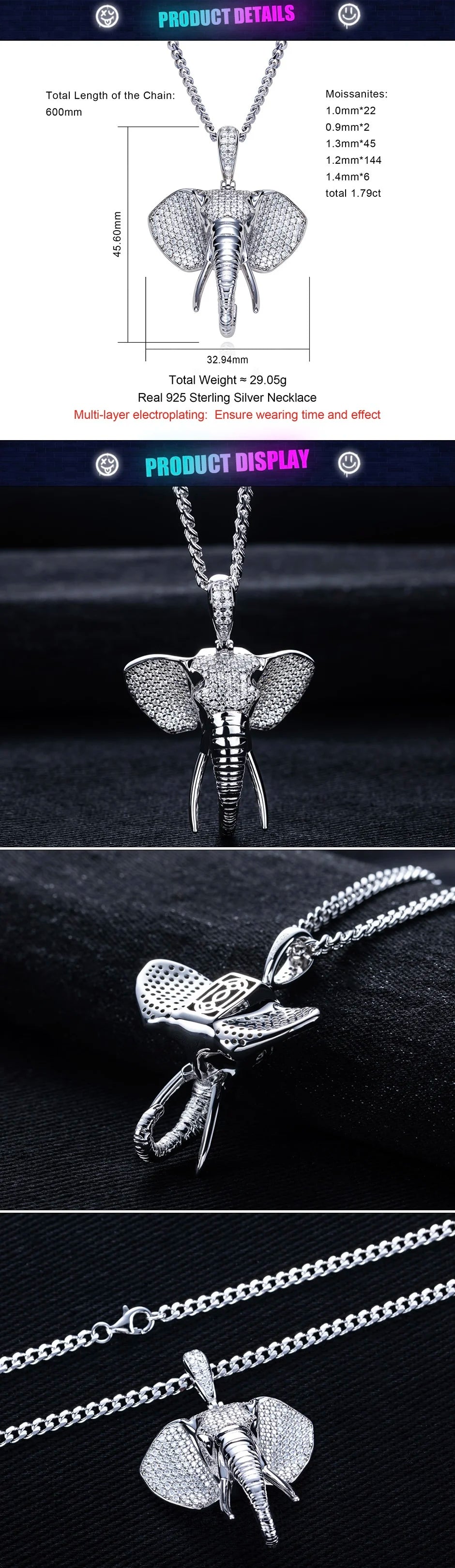 Iced Out Elephant Pendant — 925 Silver