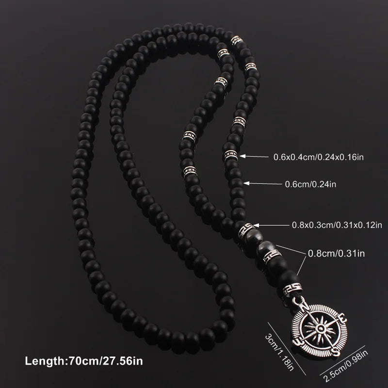 Matte Black Beaded Compass Pendant Necklace 6mm — Zinc Alloy