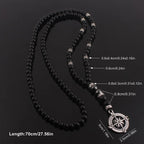 Matte Black Beaded Compass Pendant Necklace 6mm — Zinc Alloy
