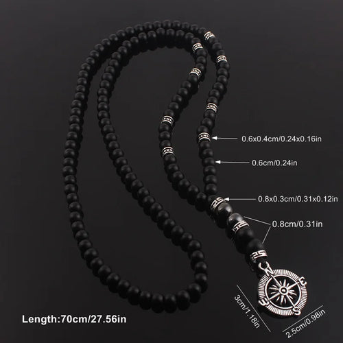 6mm Matte Black Obsidian Necklace with Compass Pendant for Men Jewelry