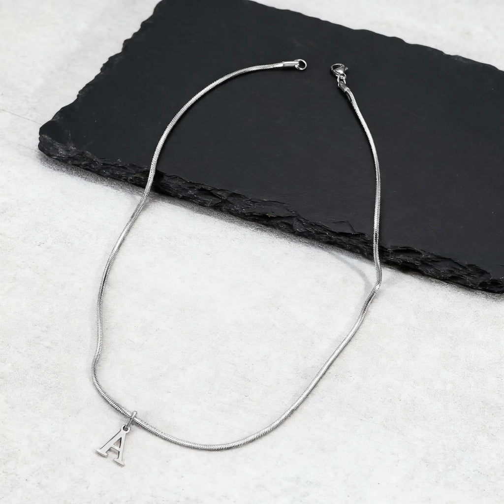 Minimalist Initials Necklace for Men,Stainless Steel Alphabet A-Z 26 Letter Collar,50/55/60CM Silver Color Thin Snake Chain