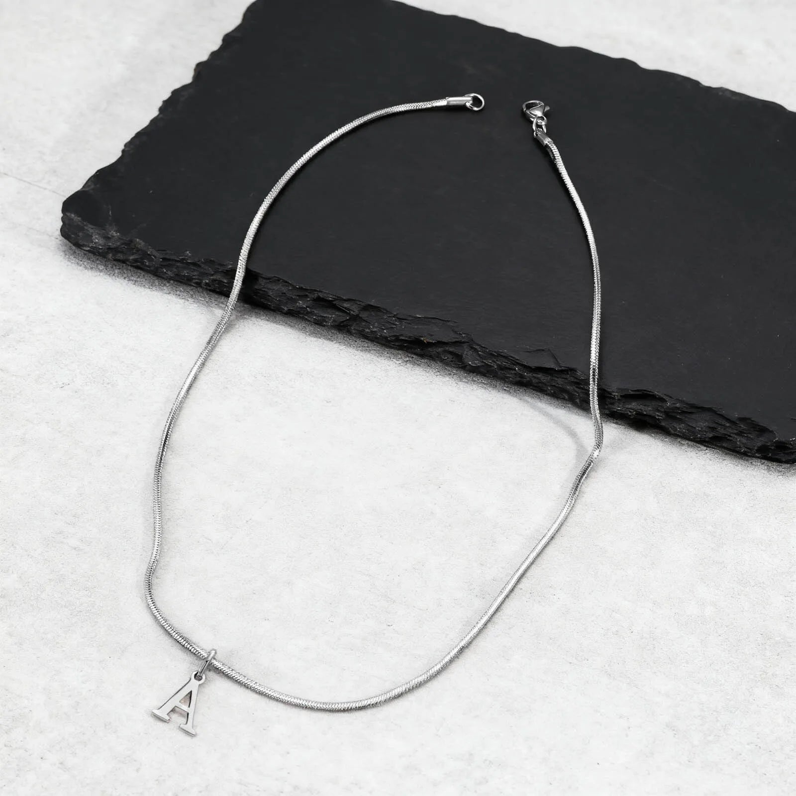 Minimalist Initials Necklace for Men,Stainless Steel Alphabet A-Z 26 Letter Collar,50/55/60CM Silver Color Thin Snake Chain