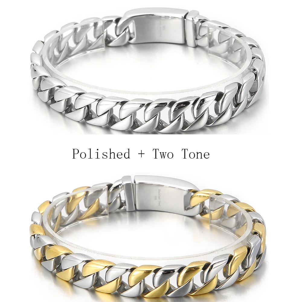 Man Bracelet Homme 12MM Wide Stainless Steel Curb Chain Charm Bracelets On Hand Bands for Men Vintage Mens Jewellery