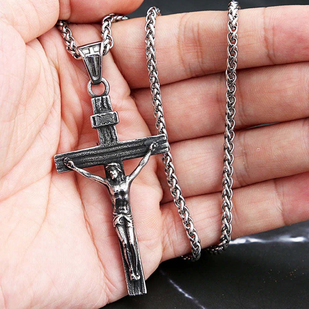 Vintage 316L Stainless Steel Jesus Cross Pendant Necklace Cross Orthodox Necklace Chain For Men Women Biker Amulet