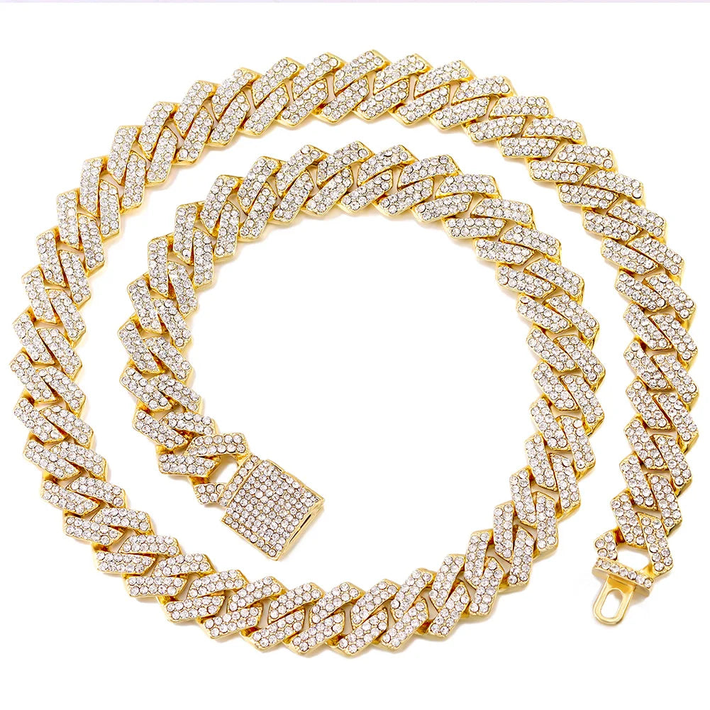 Hip Hop Men Iced Out Chain Prong Rhombus Cuban Link Necklace 14/20MM width Gold Silver Color Thick Cuban Chain Necklace