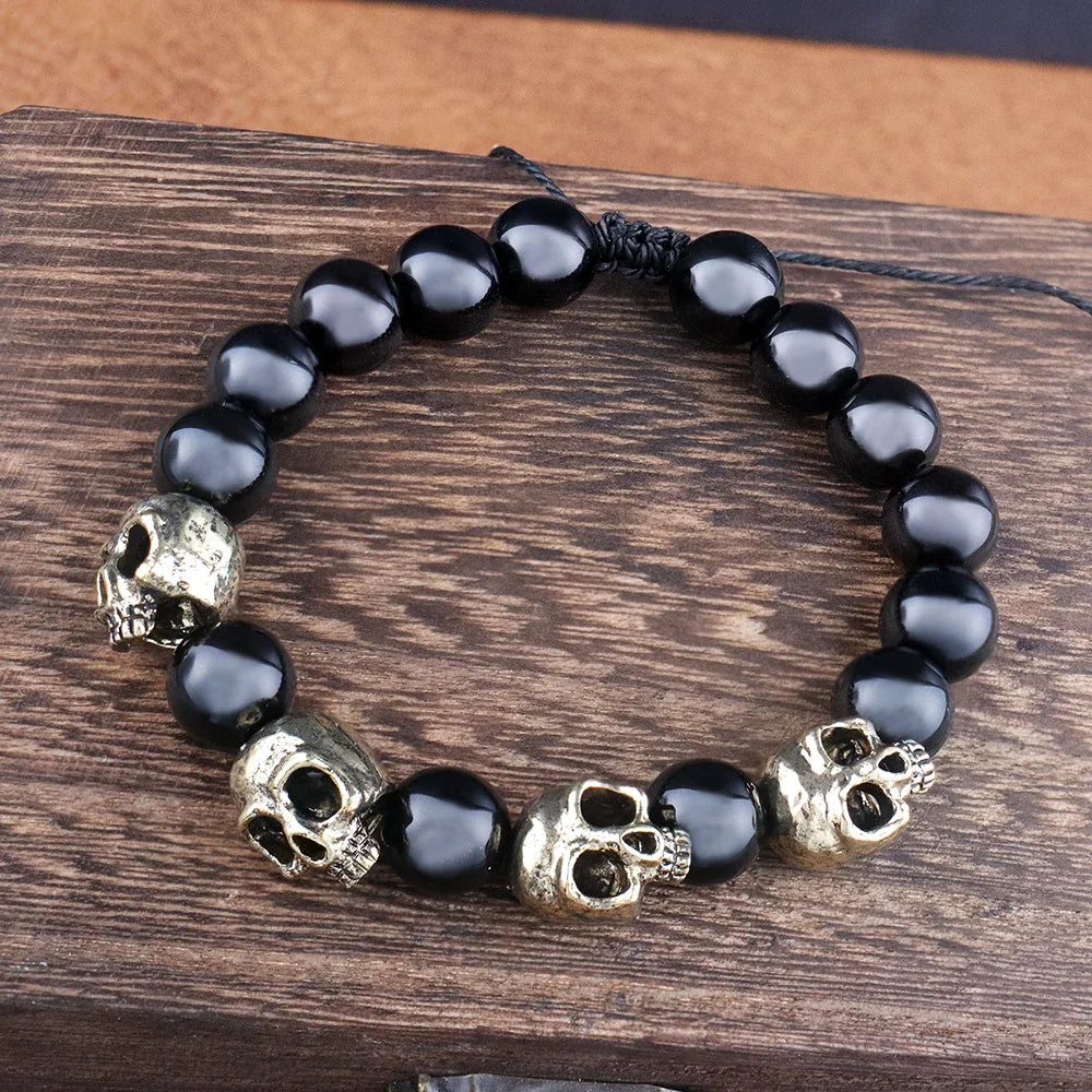 Trendy Agate Skull Bracelet Men's Vintage Adjustable Tiger's eye Bracelets Male Punk Hip Hop Charm Jewelry