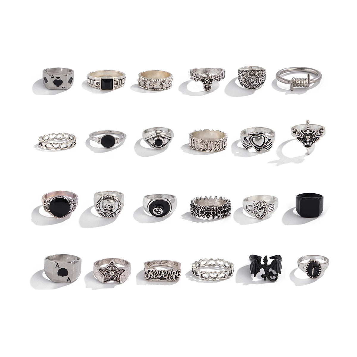 Ingemark 24Pcs/Set Creative Skull Head Poker Bat Rings for Men 2025 Trend Goth Geometric Ancient Silver Color Rings Male Jewelry
