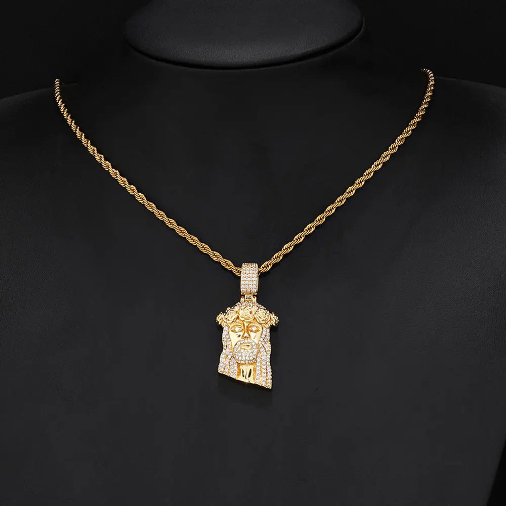 Two-Tone Iced Out Jesus Face Pendant Necklace