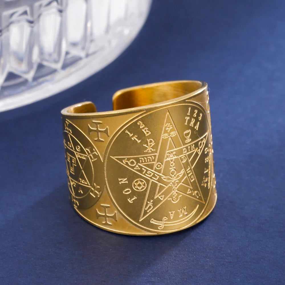 LIKGREAT Amulet Protection Ring Tetragrammaton Pentagram Finger Rings for Men Women Stainless Steel Jewely Witchcraft Pagan Gift