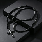 Retro Natural Stone Black Hematite Beaded Necklace Cross Pendant Beads Chain Long Necklace for Men Stylish Religious Jewelry