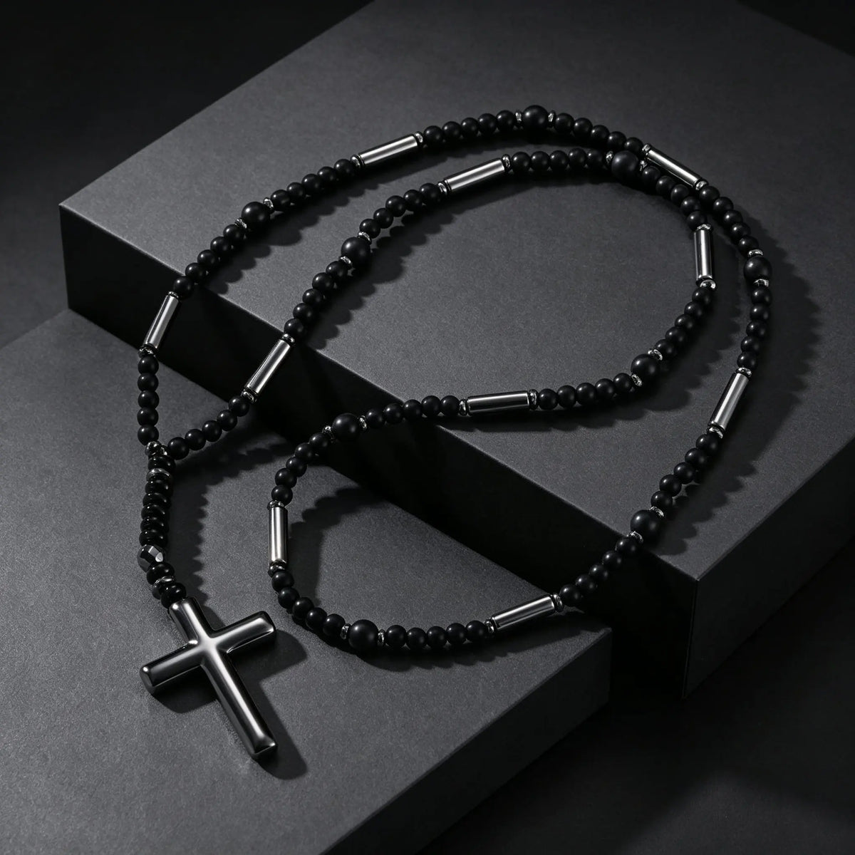 Retro Natural Stone Black Hematite Beaded Necklace Cross Pendant Beads Chain Long Necklace for Men Stylish Religious Jewelry