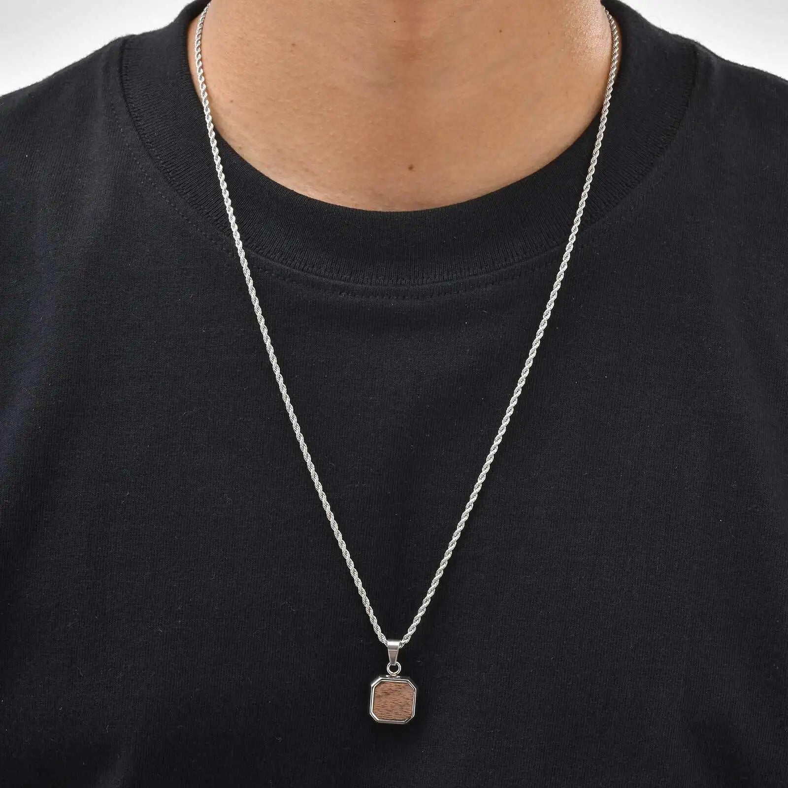 Minimalist Brown Square Pendant Necklace for Men,Wateproof Natural Wood Necklace with Twistd Chain,Vintage Jewelry Gift