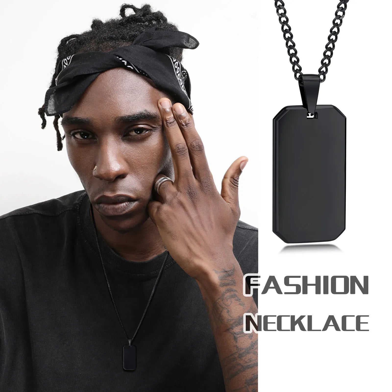 Vnox Men Dogtag Necklaces, Geometric Rectangle Pendant with Cuban Chain, Black Silver Color Stainless Steel Casual Neck