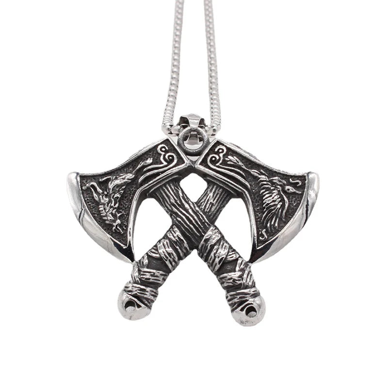 Stainless Steel Viking Double Axe Necklace Men's Vintage Nordic Wolf Axe Pendant Chain Scandinavian Party Jewelry Accessories