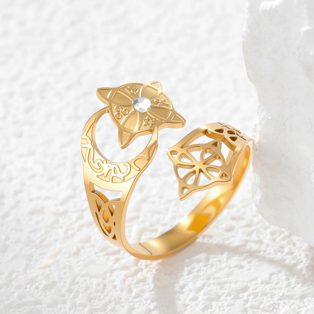 Wicca Crescent Moon Cat Ring Hollow Celtic Knot Witchcraft Star Crystal Inlaid Adjustable Stainless Steel Pagan Protection Ring