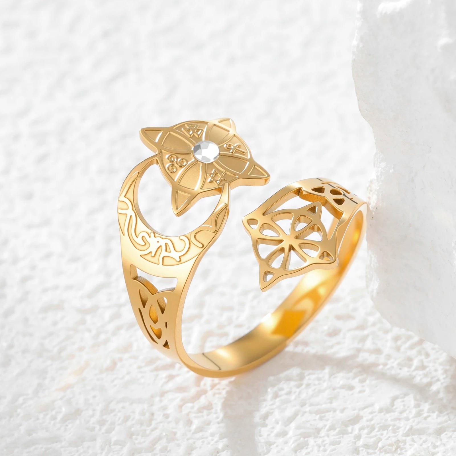 Wicca Crescent Moon Cat Ring Hollow Celtic Knot Witchcraft Star Crystal Inlaid Adjustable Stainless Steel Pagan Protection Ring