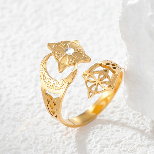 Celtic Crescent Moon Cat Crystal Ring — Stainless Steel