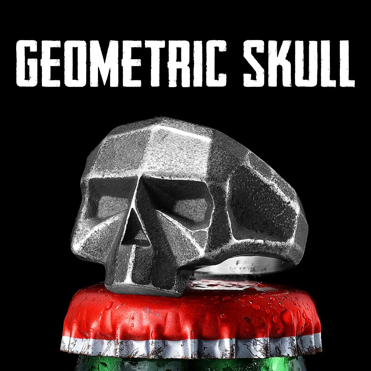 Geometric Cut Skull Ring — Stainless Steel