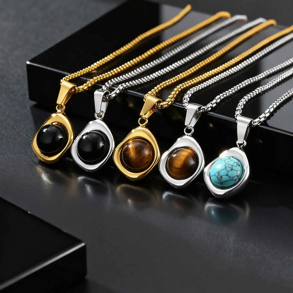 Classic Fashion Round Natural Agate Tiger Eye Stone Necklace for Men, Stainless Steel Irregular Pendant Necklace, Punk Jewelry