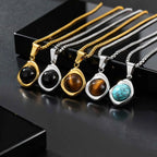 Classic Fashion Round Natural Agate Tiger Eye Stone Necklace for Men, Stainless Steel Irregular Pendant Necklace, Punk Jewelry