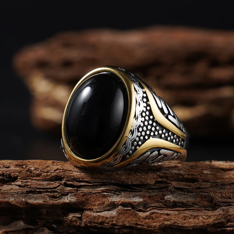 Natural Stone Series for Men Elliptical Ring with Real Tiger's Eye Stone 316L Stainless Steel Male Vintage Design Punk