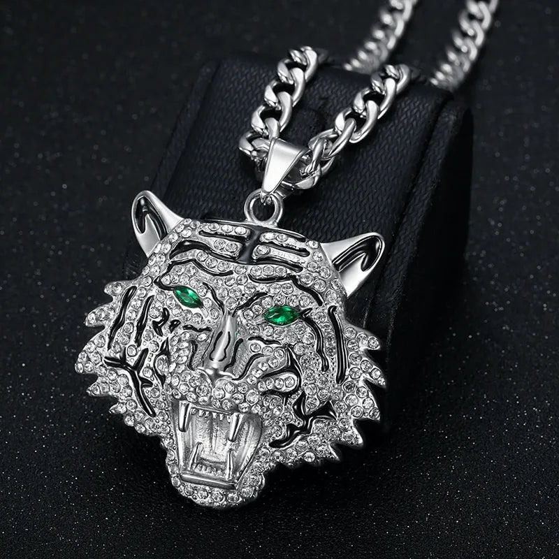 Fanshu Gold Plated Stainless Steel Luxury Bling Iced Out Tiger Pendant Collar Chains Necklace for Men Women Gift Punk