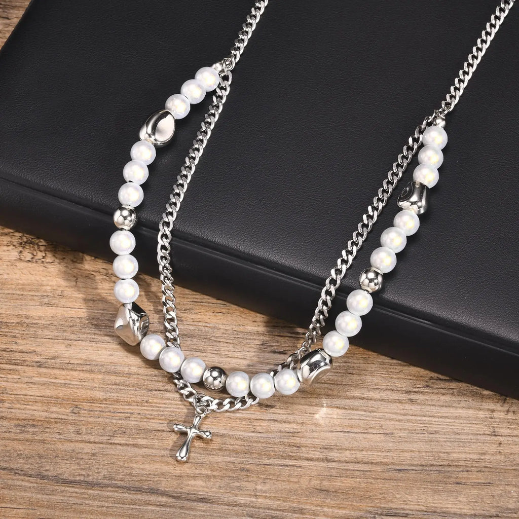 Mprainbow Long Tassel Cross Necklaces for Men Women,Reflective Beads Irregular Beaded Necklaces,Double Layers Collar