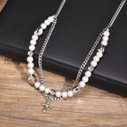 Mprainbow Long Tassel Cross Necklaces for Men Women,Reflective Beads Irregular Beaded Necklaces,Double Layers Collar