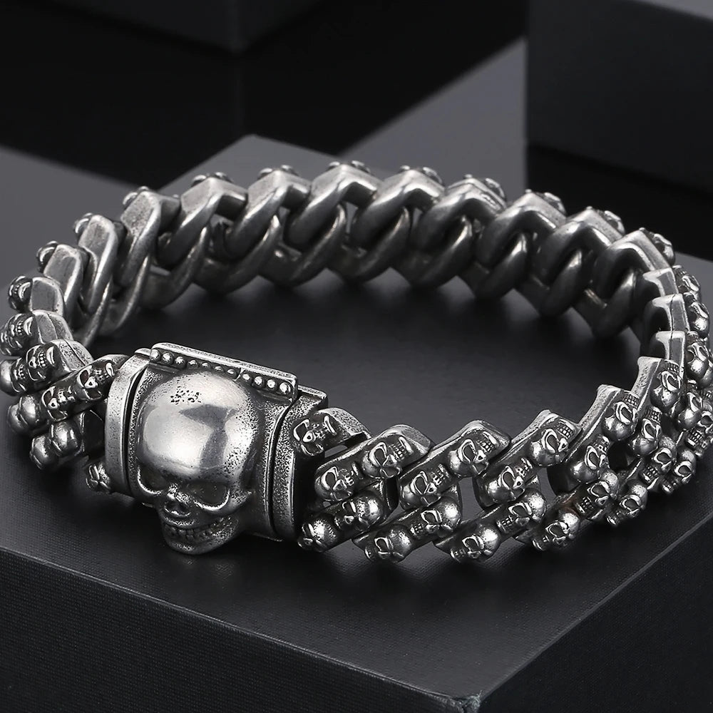 Steampunk Skeleton Man Bracelet Men's Stainless Steel Skull Head Chain Wristband Viking Charm Bangles Halloween Jewelry