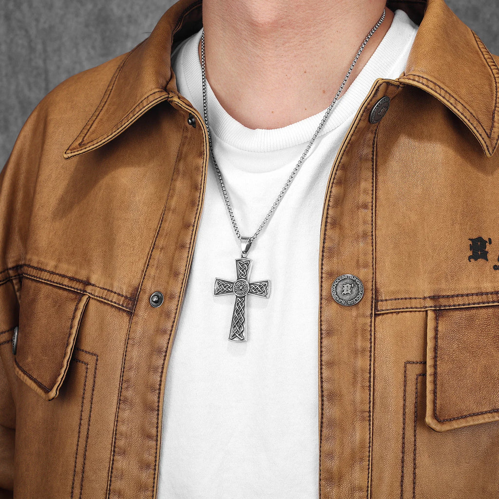 Carved Cross Pendant Necklace — Stainless Steel