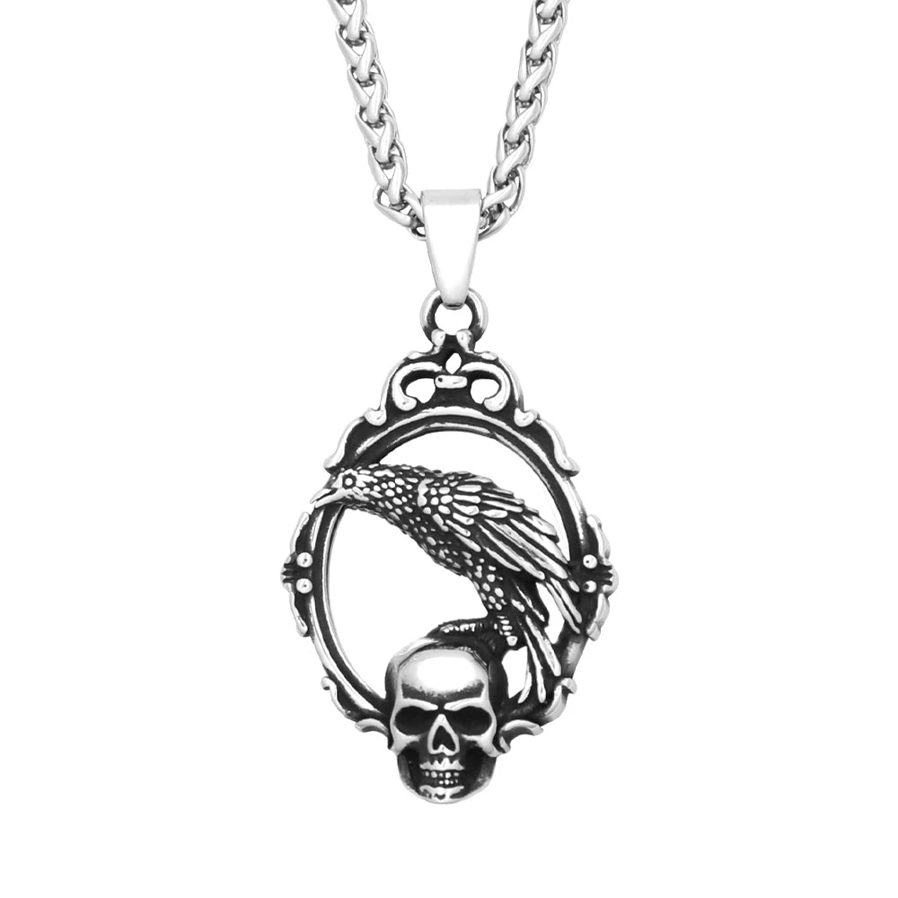Gothic Crow Skull Stainless Steel Pendant Necklace