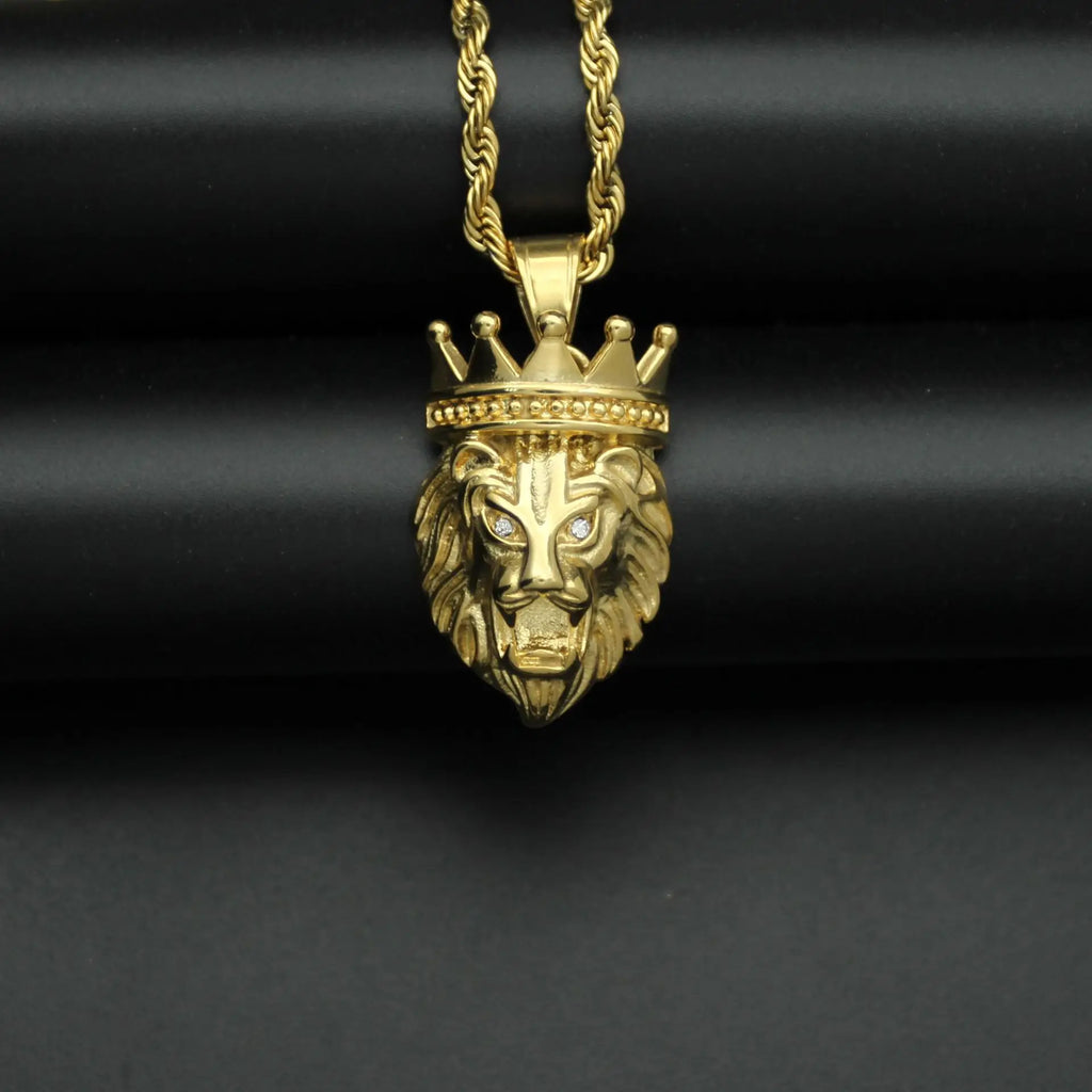 hip hop Lion crown Pendant Necklace For Men Gold color 316L Stainless Steel Jewelry