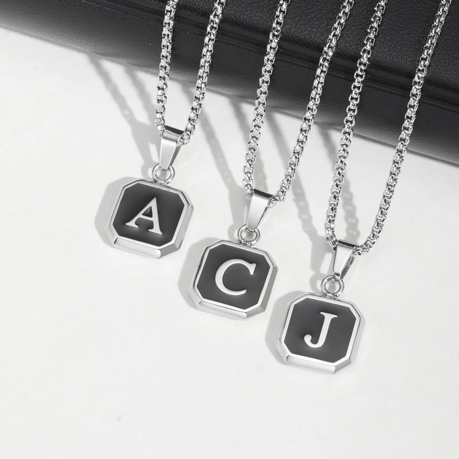 Initial Square Pendant Necklace — Stainless Steel