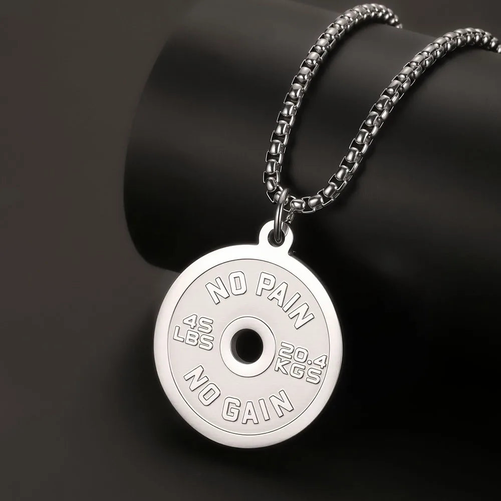 1PC  ING Fadeless Stainless Steel Round Dumbbell Pendant Necklace for Men NO PAIN NO GAIN Fitness Necklace Man Spiritual Jewelry