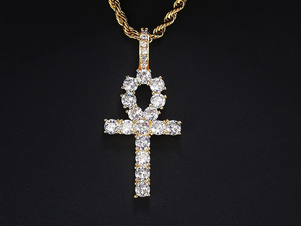 Gold Iced Out Cross Ankh Pendant Necklace
